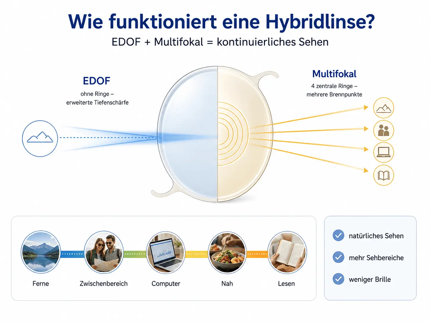 Hybridlinsen vereinen die erweiterte Tiefenschärfe von EDOF-Linsen mit mehreren zentralen Brennpunkten für ein möglichst natürliches Sehen und hoher Brillenfreiheit. 