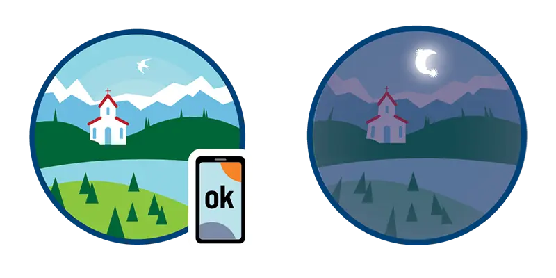 Zwei kreisförmige Illustrationen einer Berg- und Kirchlandschaft über See und Wald: links helle Tagesszene mit Smartphone-Symbol „ok“, rechts dieselbe Szene in bläulicher Nacht mit Mond.