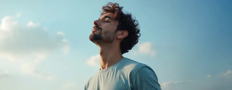 Junger Mann atmet entspannt unter blauem Himmel – Sinnbild für die schonende, minimal-invasive ICL Pro Augenoperation mit nur einem Hornhautschnitt.